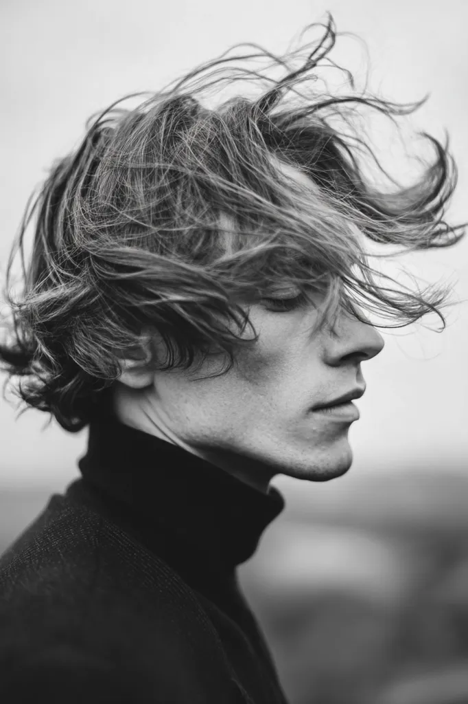A black and white portrait of a young man with long, windblown hair. His eyes are closed, and his expression is serene. He is wearing a dark turtleneck sweater and a jacket. The background is blurred, suggesting an outdoor setting. The overall mood is contemplative and melancholic.