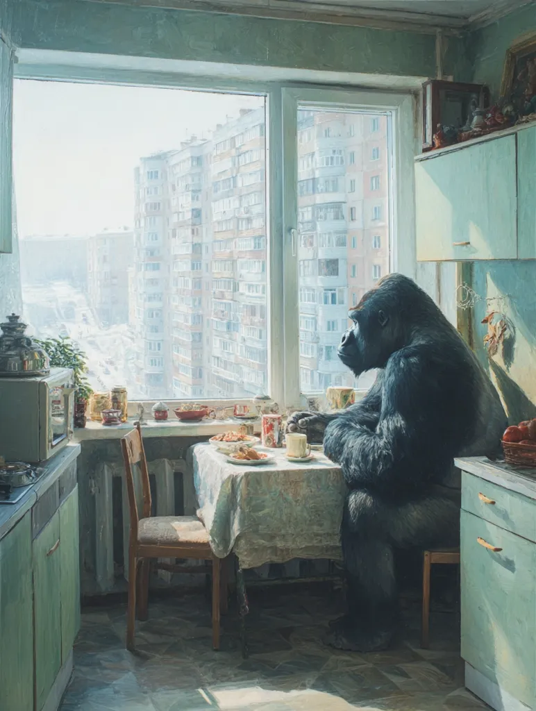 A gorilla sits at a kitchen table in a sunlit apartment, enjoying a meal.  The table is set with plates, cups, and food.  The window offers a view of a city skyline of apartment buildings.  The kitchen is modestly furnished in muted greens, suggesting a quiet, contemplative scene. The overall mood is peaceful and slightly surreal.
