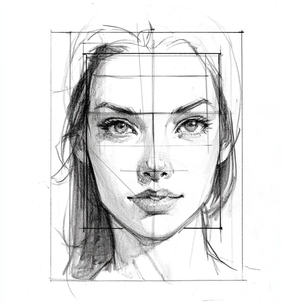 A detailed pencil sketch of a woman's face, rendered in grayscale.  The drawing utilizes construction lines to map out the proportions of the face, highlighting the eyes, nose, and mouth.  The style is realistic, showcasing the artist's skill in capturing likeness and form through shading and linework.  The woman's expression is serene and contemplative.