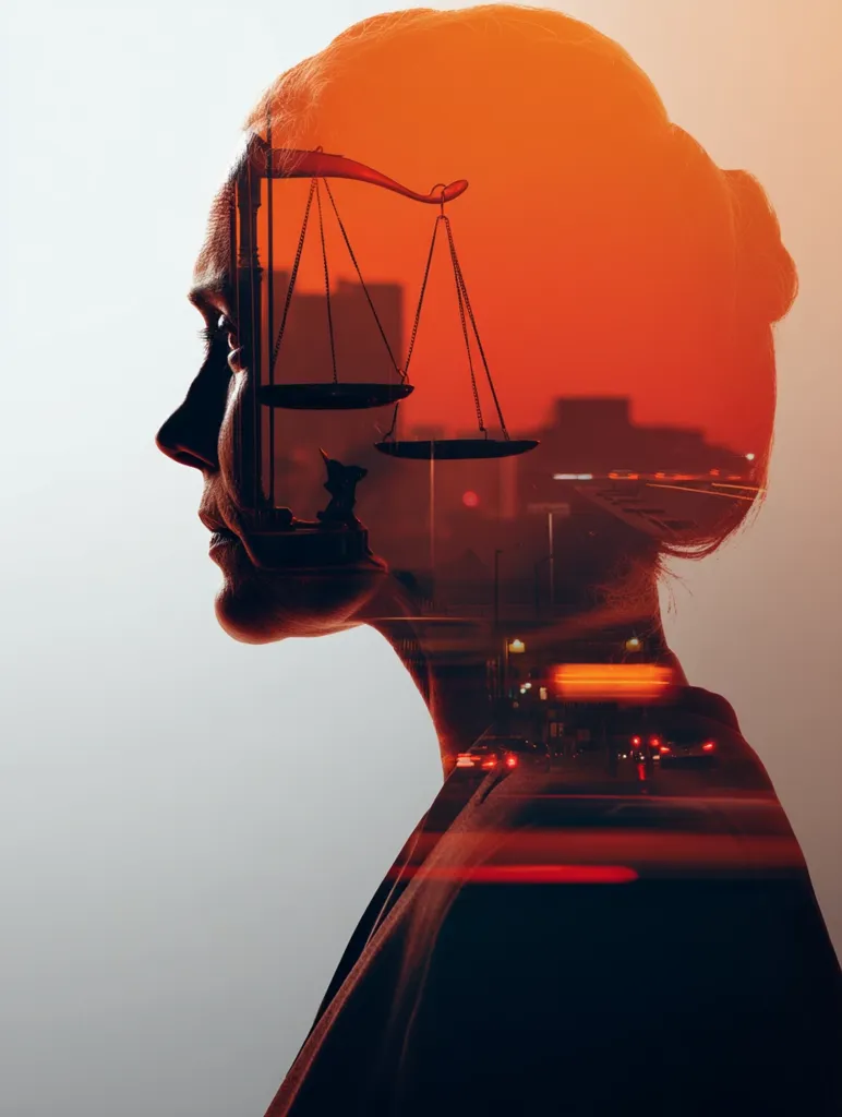 A double exposure image depicts a woman's profile superimposed with a cityscape at sunset and scales of justice.  The warm orange tones create a dramatic effect, suggesting themes of urban life, justice, and perhaps internal conflict or decision-making.  The woman's serious expression adds to the contemplative mood.