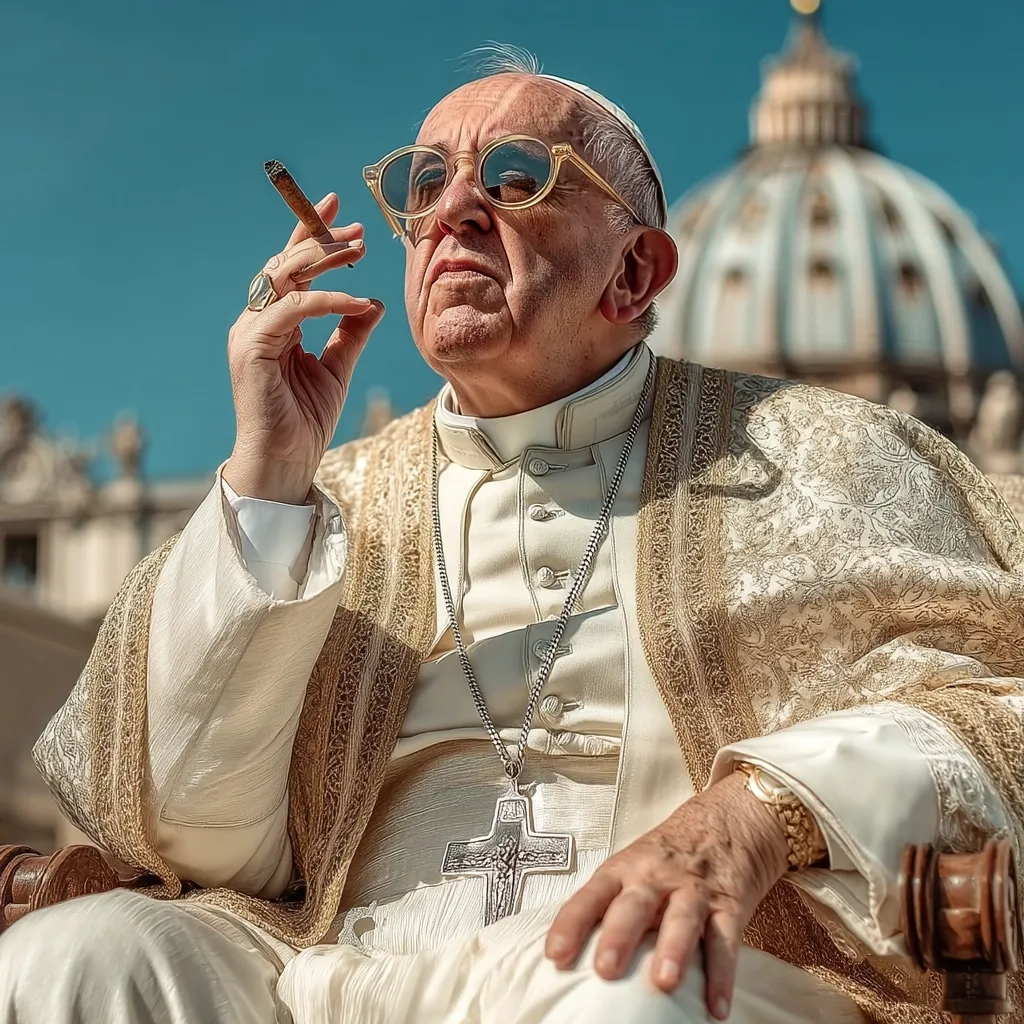 The image depicts Pope Francis, wearing his papal robes and a large silver cross. He is seated outdoors with St. Peter's Basilica visible in the background.  He is holding a cigar in his right hand and wearing round, light-colored sunglasses. The overall tone is unexpected, juxtaposing the traditional papal attire with a more modern and relaxed pose.