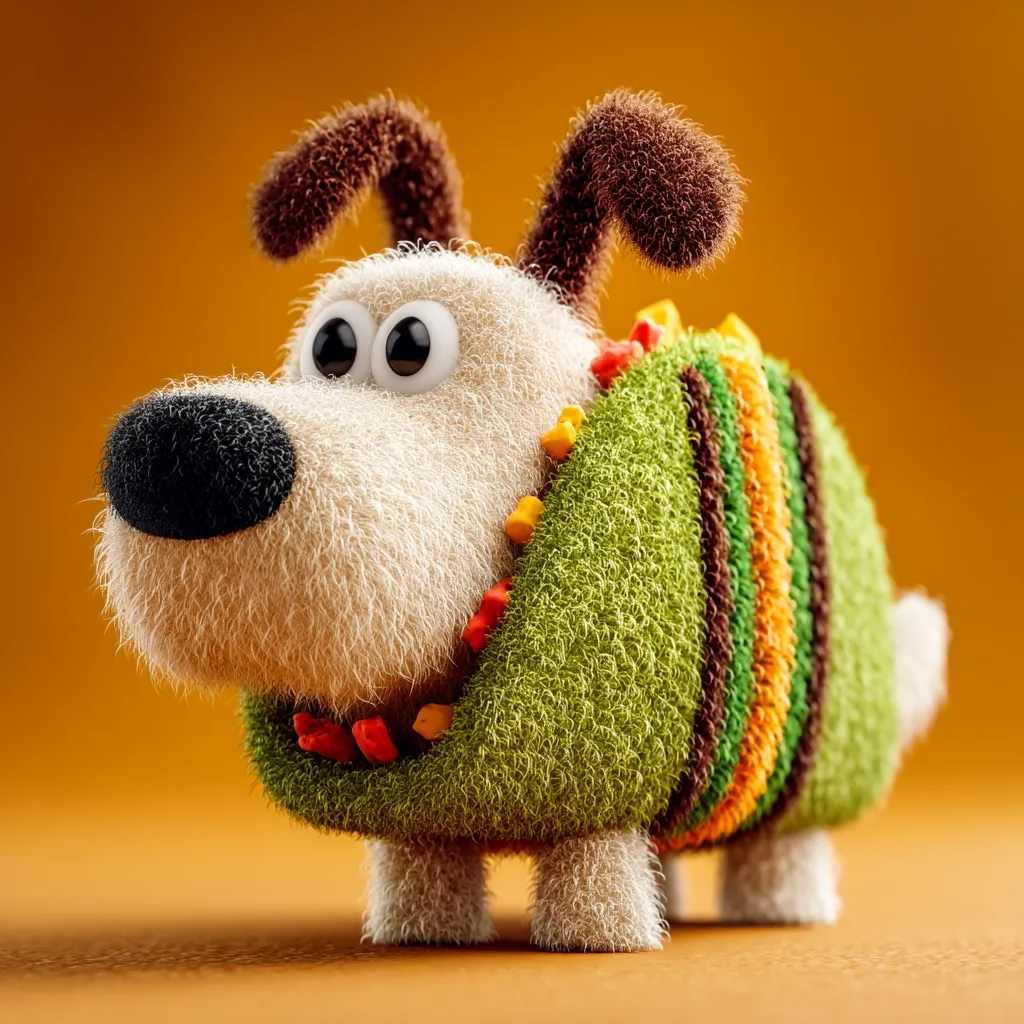 A fluffy, cartoonish dog, predominantly white with a black nose, is depicted wearing a vibrant green sweater adorned with multicolored stripes and red accents.  The dog's large, expressive eyes and brown ears add to its charming, playful demeanor. The overall style is whimsical and three-dimensional, resembling a plush toy. The background is a muted orange.