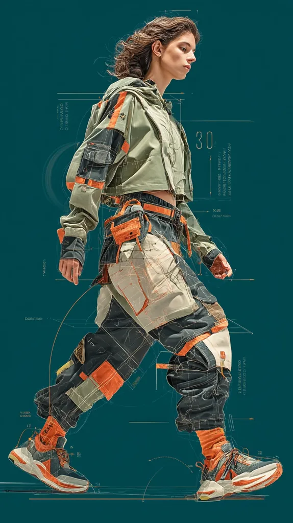 A fashion model, with brown hair, dynamically poses against a teal backdrop.  She's dressed in a futuristic, layered outfit featuring a khaki jacket, beige and orange cargo pants, and chunky orange and grey sneakers.  Technical design schematics overlay the image, enhancing the futuristic aesthetic.  The number "30" is prominently displayed, possibly referencing a design element or collection number. The overall style is modern, tech-influenced, and visually striking.