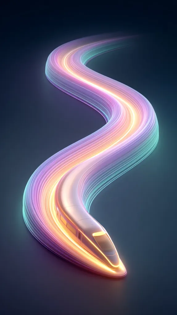 A sleek, futuristic high-speed train glides along a vibrant, swirling trail of light. The train's path is a mesmerizing blend of pastel hues, creating a dynamic and energetic visual.  The image suggests speed, innovation, and the seamless integration of technology and transportation. The dark background accentuates the luminous train and its radiant trail.