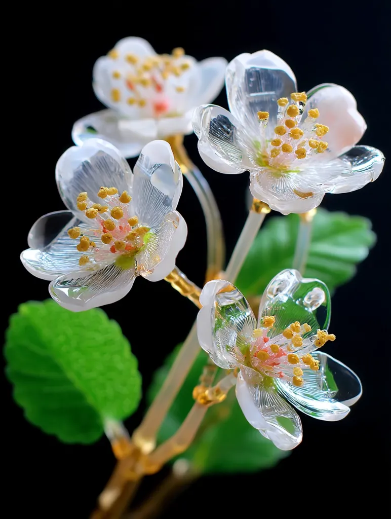 A close-up showcases a meticulously crafted glass floral arrangement.  Delicate, translucent white glass blossoms, detailed with gold stamens, are mounted on a golden stem with green leaves. The blossoms possess a lifelike quality, with visible veins and petal textures. The dark background enhances the clarity and artistry of the piece.  The image highlights the skill and precision in glasswork.