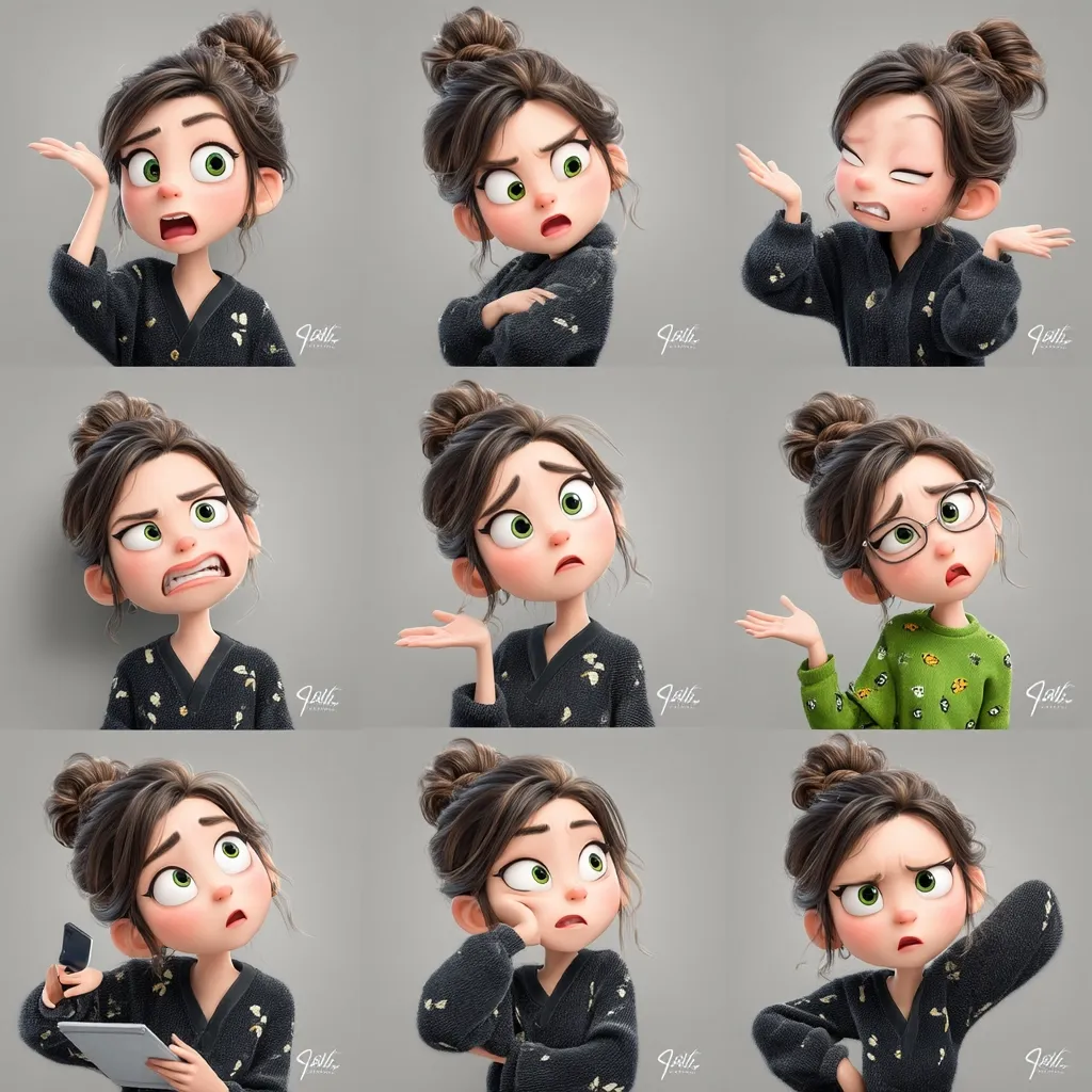 A 3D-rendered cartoon girl with a top bun hairstyle is depicted in nine different poses showcasing a range of emotions.  Expressions include surprise, anger, frustration, confusion, and worry.  She wears various sweaters, sometimes with glasses, and interacts with a phone and tablet in some frames.  The style is cute and expressive, highlighting nuanced facial features.