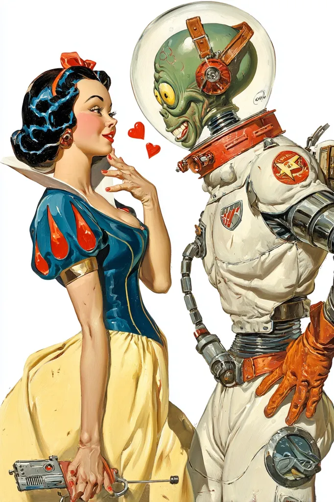 A retro-styled illustration depicts Snow White, in her iconic dress, gazing lovingly at a charming, green-skinned alien astronaut.  Hearts float between them, suggesting a romantic connection.  The alien, clad in a detailed space suit, returns her gaze.  The image blends classic fairytale elements with science fiction, creating a whimsical and unexpected pairing.  The style is reminiscent of vintage pin-up art.