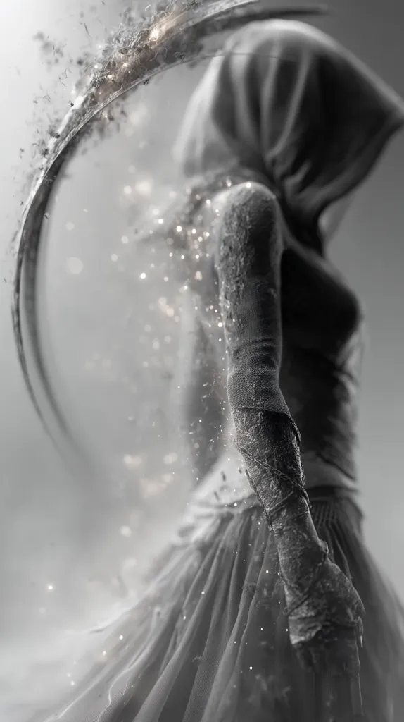 A grayscale image depicts a hooded figure, possibly female, adorned in a flowing gown.  A large, curved, ethereal element arcs behind her, emitting sparks or particles. The overall aesthetic is dark, mysterious, and slightly ethereal, suggesting a fantasy or supernatural theme. The texture of the clothing and the figure herself appears aged or decaying, adding to the enigmatic mood.