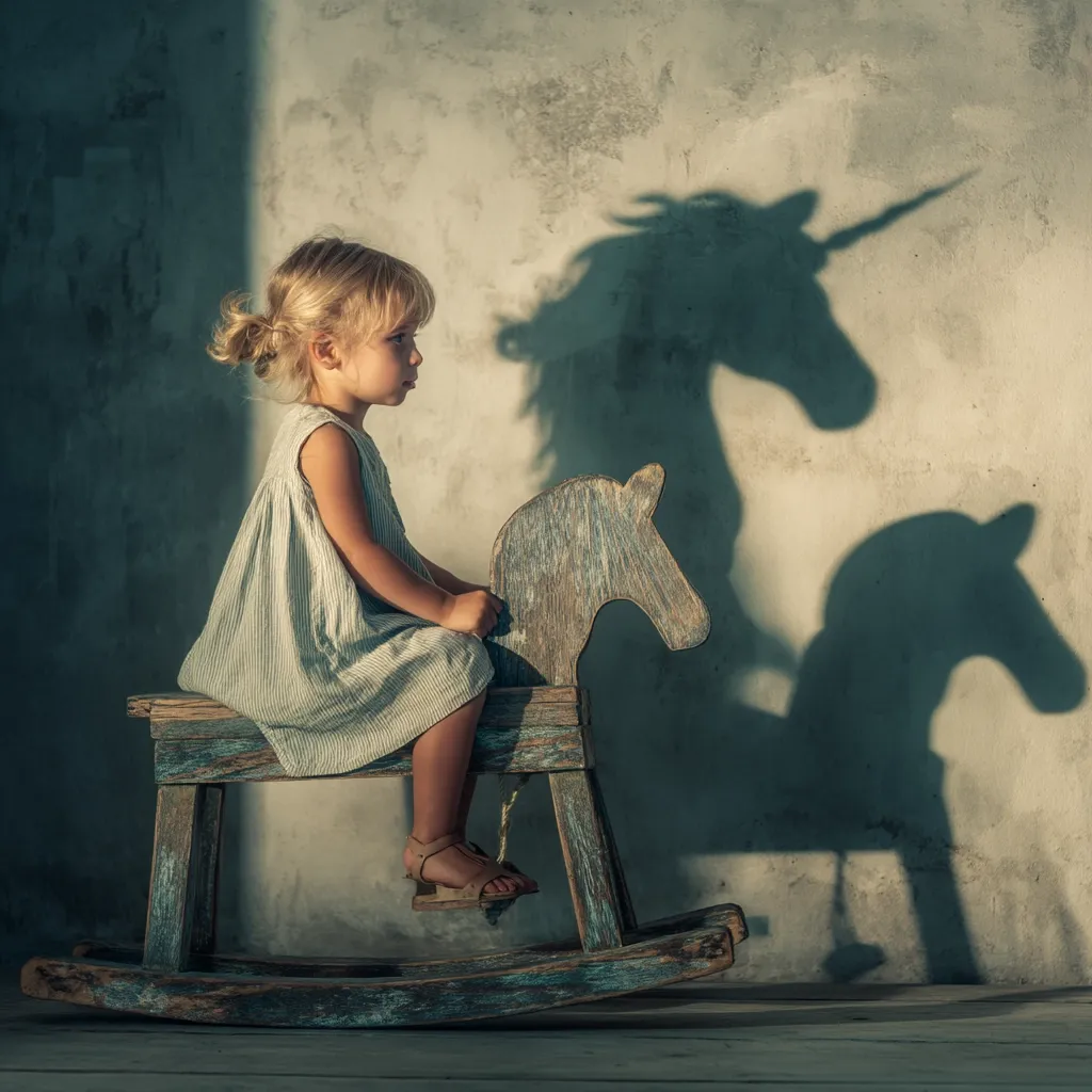 A young girl sits on a rustic wooden rocking horse.  The wall behind her casts a shadow of a majestic unicorn, creating a whimsical and dreamlike atmosphere. The girl's serene expression and the contrasting textures of the horse and the rough wall enhance the image's fairytale quality. The scene evokes a sense of childhood imagination and wonder.