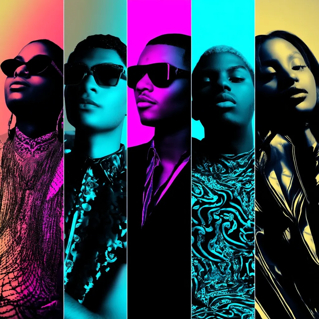 A stylized portrait showcases five young adults, each in a vibrant, contrasting color block.  They wear sunglasses and fashionable clothing, their poses conveying a sense of cool confidence.  The image uses bold color saturation and strong lighting, creating a dramatic and modern aesthetic.  The individuals are positioned in profile, adding to the graphic and striking visual impact.