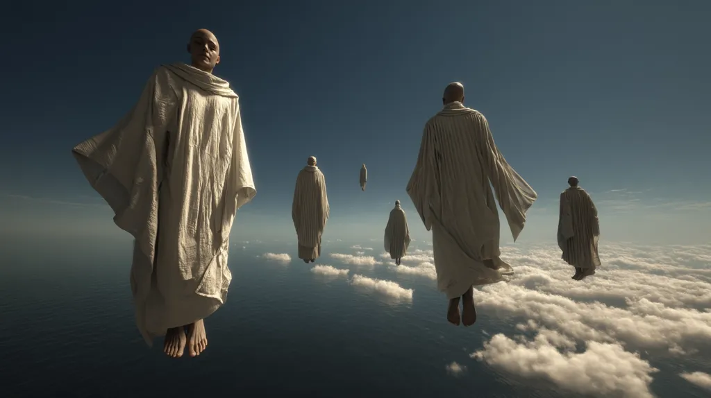 Several bald figures, cloaked in flowing, light-beige robes, levitate above a serene expanse of ocean and clouds under a clear, deep blue sky.  The figures appear serene and weightless, their garments billowing gently.  The overall atmosphere is one of ethereal peace and otherworldly ascension.