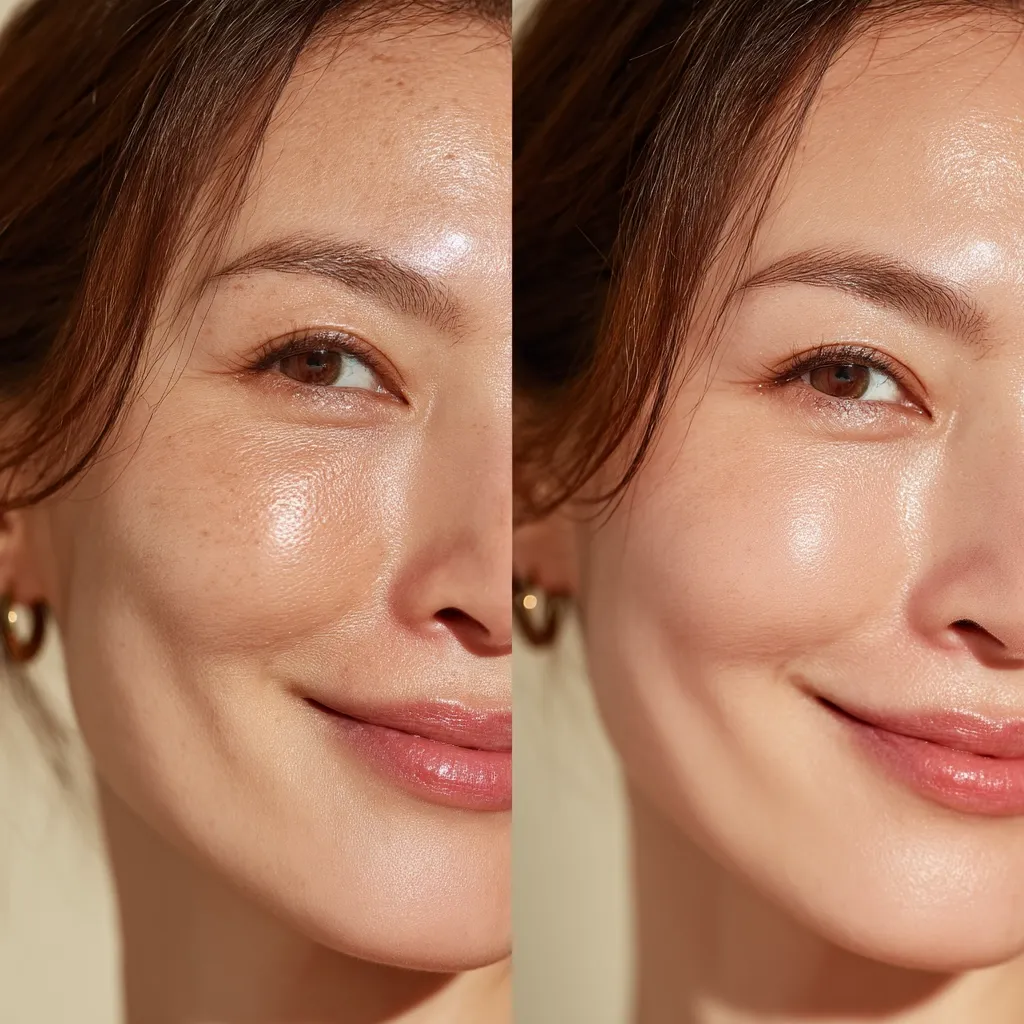 A split image showcases the transformative power of skincare.  The left side reveals a woman's face with visible pores and slight imperfections.  The right side displays the same woman with smoother, more radiant skin, highlighting the effectiveness of a skincare routine or product. The subtle difference emphasizes improved texture and tone.