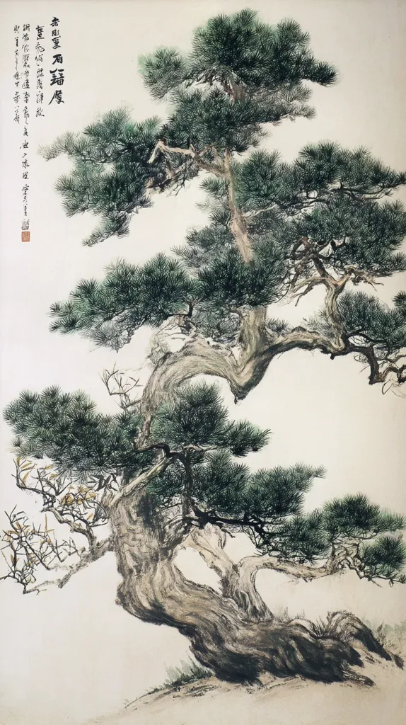 A striking ink and wash painting showcases a majestic pine tree, its gnarled, aged trunk twisting dramatically.  The tree's dense, dark green foliage contrasts beautifully with the lighter tones of the trunk and the pale background.  Delicate brushstrokes capture the texture of the bark and the softness of the needles, suggesting age and resilience.  Calligraphy on the upper left adds to the artwork's artistic depth and traditional aesthetic.