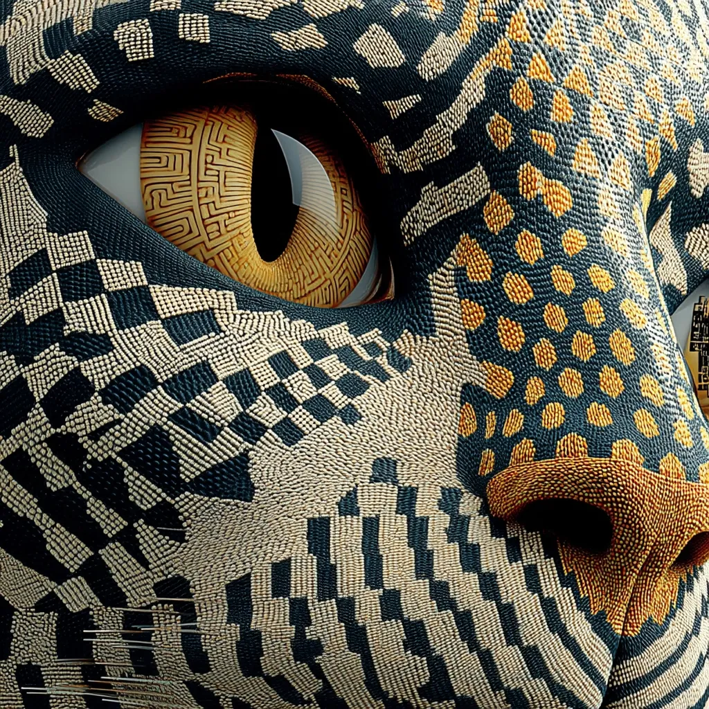 Close-up of a stylized cat's face, rendered in intricate geometric patterns.  The eye is a striking gold and black maze-like design, contrasting with the beige and dark blue mosaic-style fur.  The texture is highly detailed, appearing almost three-dimensional, giving the impression of a mosaic or beaded surface.  The overall effect is both abstract and organic, showcasing a blend of geometric precision and natural feline features.
