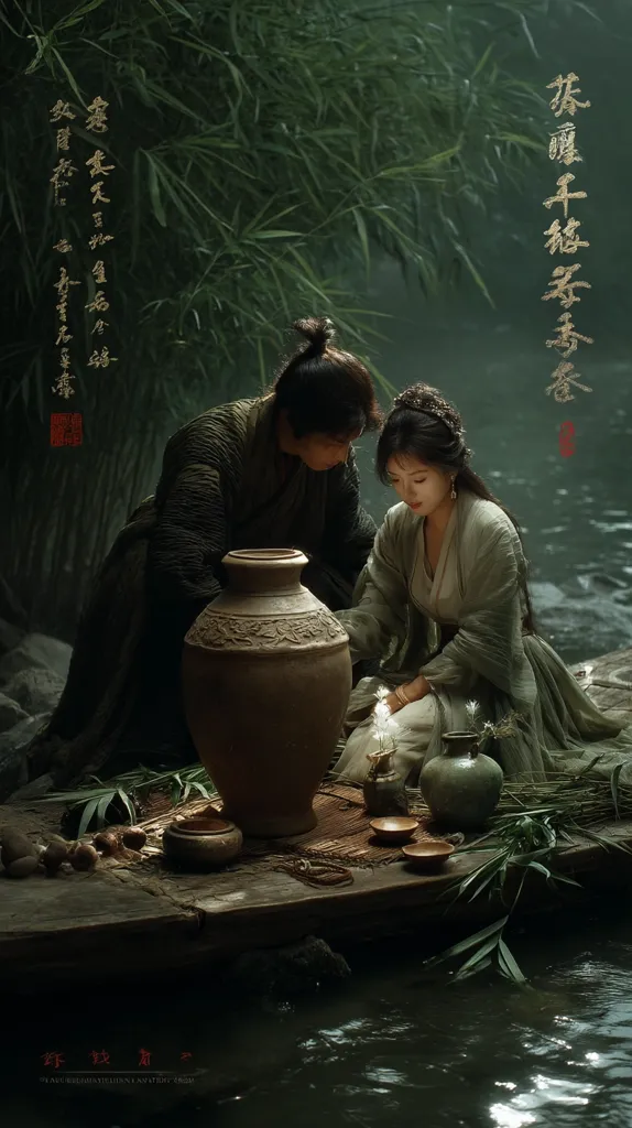 A man and woman in traditional East Asian attire are seated by a tranquil river, surrounded by lush greenery.  They are engaged in a quiet moment, possibly a ritual, with several earthenware vessels arranged before them on a rustic raft.  The scene is bathed in soft, muted light, creating a serene and mystical atmosphere.  Chinese calligraphy is subtly incorporated into the image's design.
