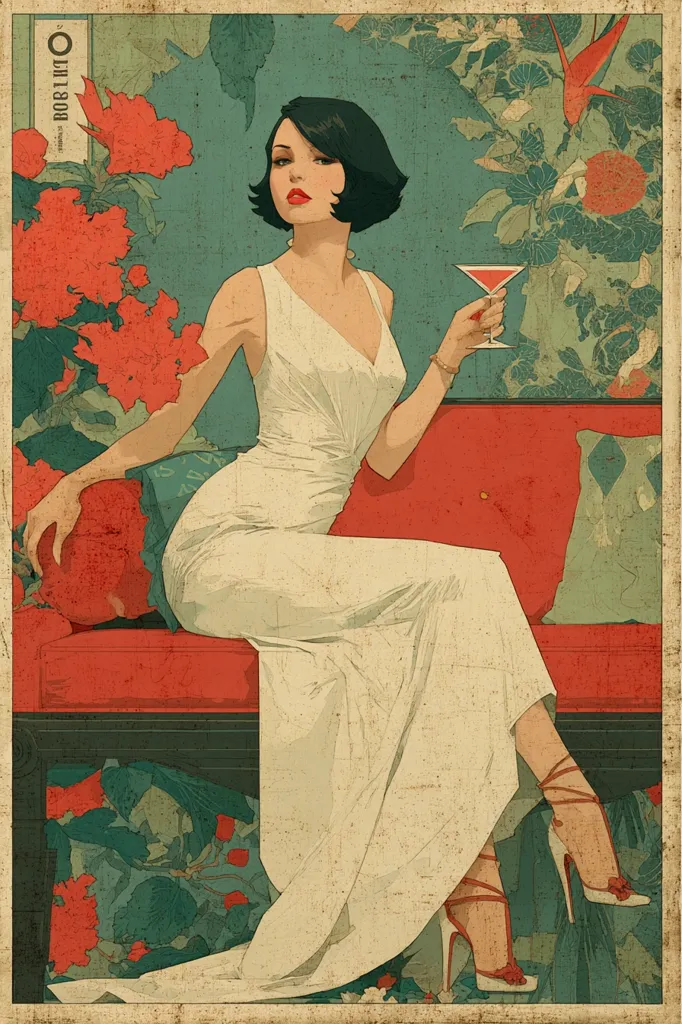 A stylish woman with a bob haircut sits gracefully on a red couch, elegantly dressed in a flowing white gown.  She holds a cocktail glass, exuding sophistication. The background features a lush, art deco-inspired floral design in muted greens and reds, creating a vintage, poster-like aesthetic. The overall impression is one of classic glamour and refined taste.