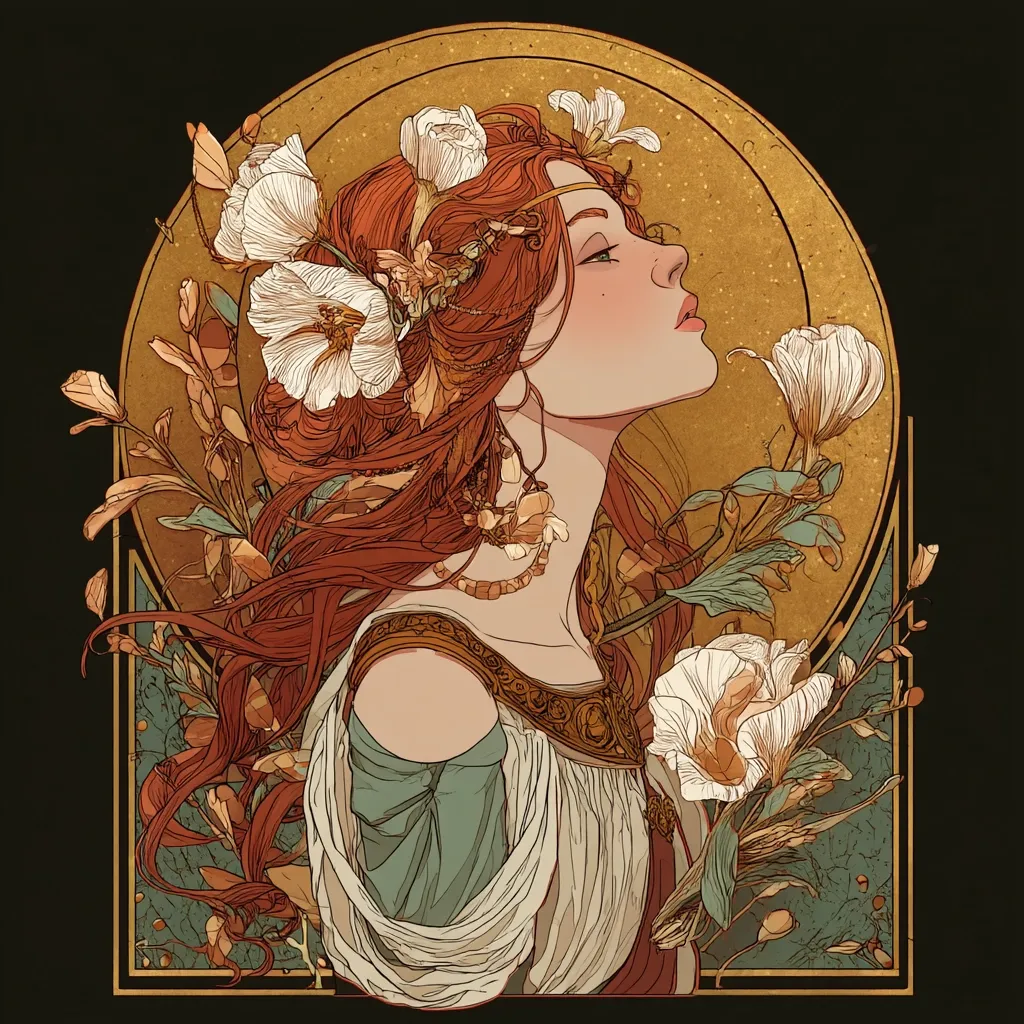 An art nouveau style illustration depicts a woman with flowing auburn hair adorned with white flowers.  Her profile is shown, gazing serenely to the right. She wears a light teal and cream gown with gold detailing. The artwork is framed by an ornate gold circle and geometric border against a dark background, enhancing the elegant and vintage aesthetic.
