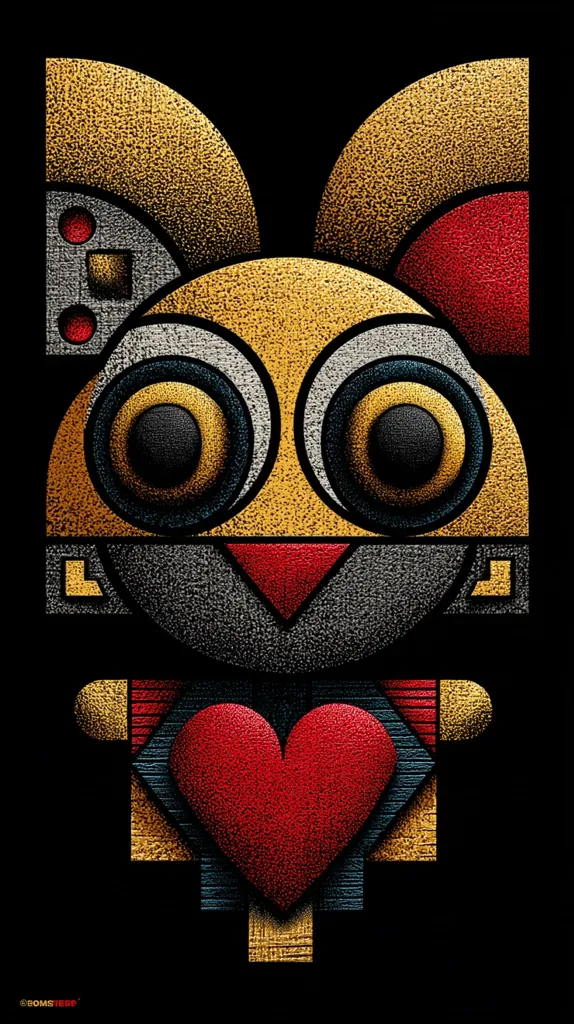 A geometric rabbit-like creature is depicted in a stylized art piece.  The figure is composed of interlocking shapes in gold, red, grey, and black, giving it a robotic or mechanical appearance.  Large, expressive eyes are prominent features. The creature holds a large red heart, adding a touch of Valentine's Day sentiment. The textured style creates a unique visual effect.