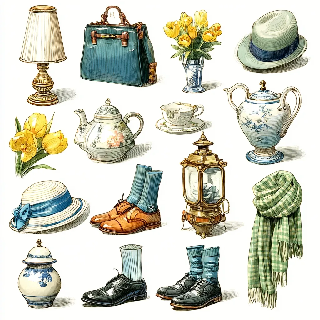 A collection of charming illustrations depicts various items: a table lamp, handbag, bouquet of tulips, hat, teapot, teacup, sugar bowl, lantern, shoes, socks, and scarf.  The style is reminiscent of vintage illustrations, with delicate lines and soft colors, creating a nostalgic and elegant aesthetic.  The objects are arranged in a pleasing, somewhat symmetrical composition on a white background.