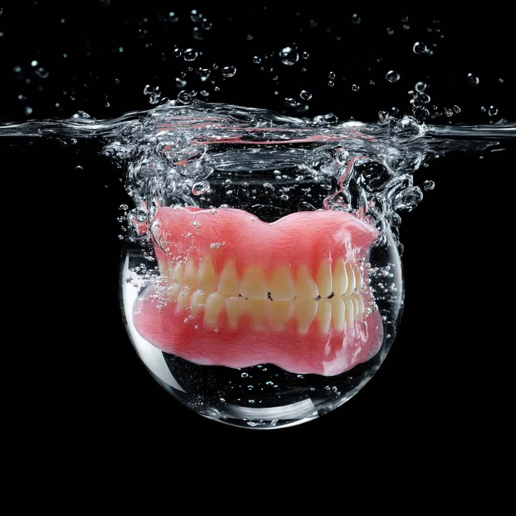 A full set of pink dentures plunges into a black background, creating a splash of water.  Bubbles surround the dentures as they sink beneath the surface. The image is sharply focused, highlighting the detail of the artificial teeth and the dynamic movement of the water.  The contrast between the pink dentures and the black background is striking.