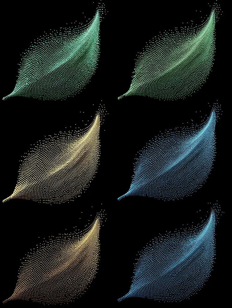 Six stylized leaves are arranged in a grid pattern against a black background. Each leaf is composed of numerous small, light-colored dots, creating a pointillist effect.  The leaves are depicted in varying pastel shades of green, blue, and gold, each exhibiting a subtle gradient within its form. The overall image is both elegant and abstract.