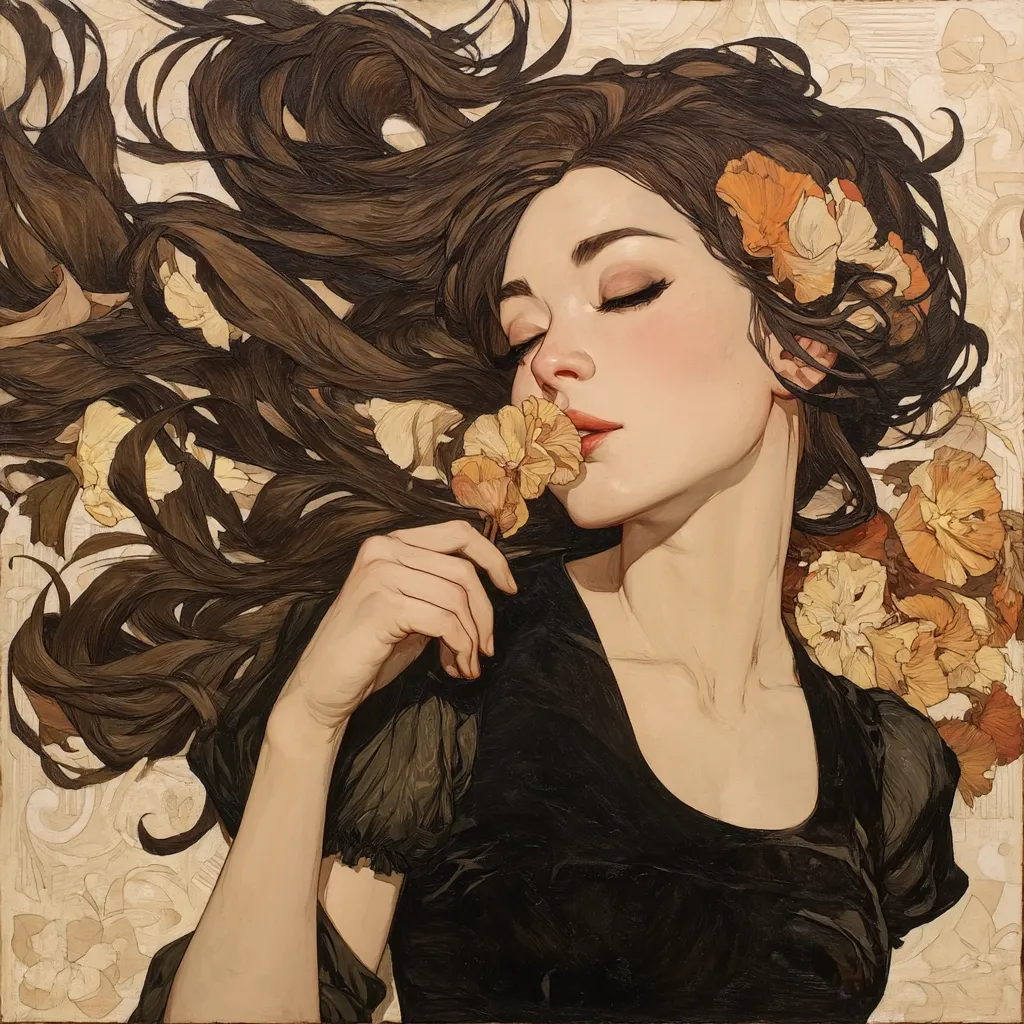 A painting of a young woman with flowing brown hair adorned with pale orange flowers.  Her eyes are closed, and she gently holds a similar flower to her face, suggesting a peaceful and serene moment.  The style is realistic with a touch of fantasy, the colors muted and elegant, creating a dreamy atmosphere.  The background is a subtle, ornate pattern.