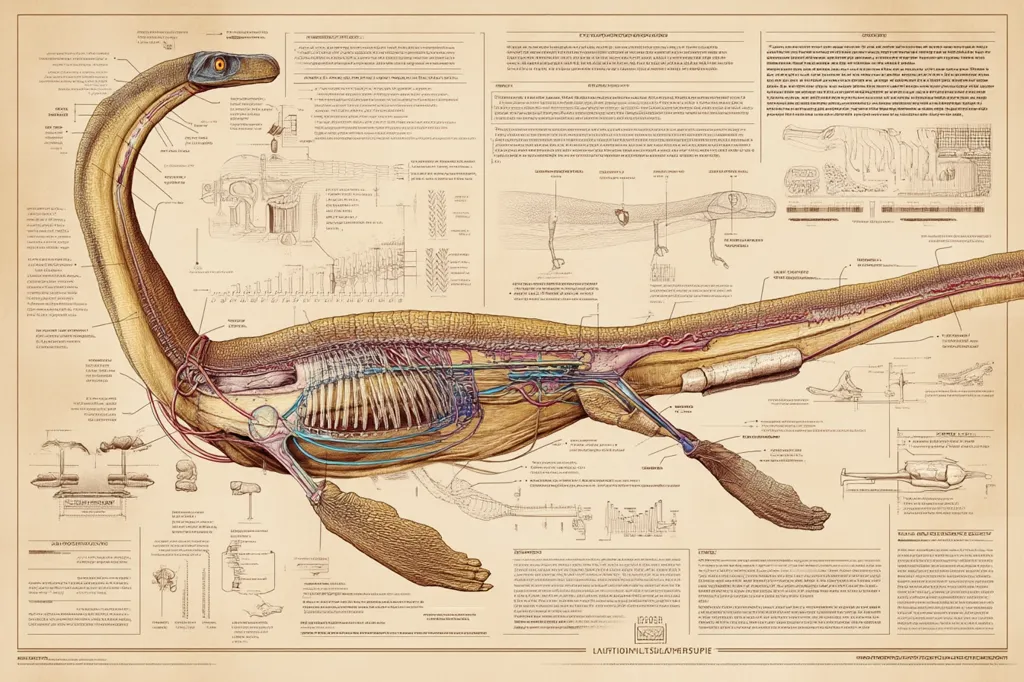 A detailed anatomical illustration of *Lætiuniomulitsulamersupie*, a long-necked marine reptile, is presented.  The image showcases the creature's internal organs, circulatory system, and skeletal structure in exquisite detail, alongside various diagrams and textual explanations describing different aspects of its biology and fossil record. The style evokes vintage scientific illustrations, offering a comprehensive visual study of this extinct species.
