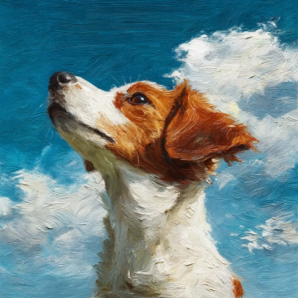A charming oil painting depicts a small dog, possibly a Papillon or similar breed, gazing upward against a vibrant blue sky dotted with fluffy white clouds.  The dog's coat is a mix of white and rich reddish-brown, rendered with visible brushstrokes that add texture and depth. The impasto style gives the piece a lively and expressive feel. The overall mood is cheerful and serene.