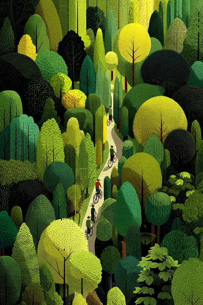 A vibrant illustration depicts a winding path through a lush green forest.  Several cyclists are seen traveling along the path, their figures small against the backdrop of densely packed, stylized trees. The trees vary in shades of green and yellow, creating a textured and colorful scene viewed from a high angle, giving a bird's-eye perspective of the forest trail.
