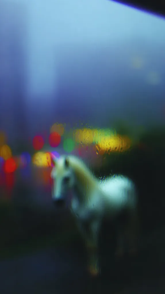 A blurry image of a white horse viewed through a rain-covered window.  The horse is slightly out of focus, and the background is a wash of muted blues and greens, with blurred, colorful lights suggesting a nighttime city scene.  Raindrops distort the view, adding to the dreamy, ethereal quality of the picture.
