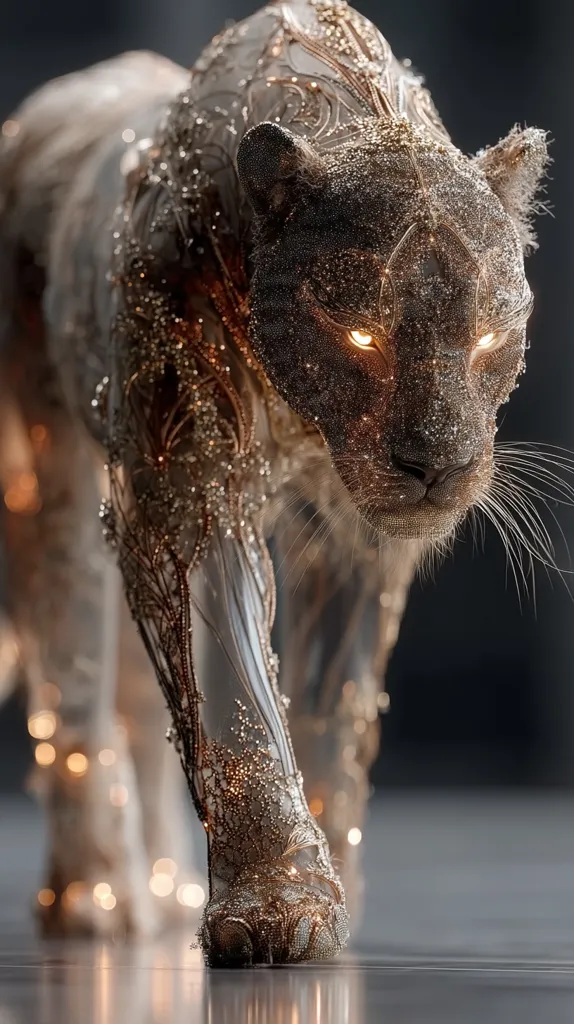 A majestic digital rendering of a big cat, possibly a panther or jaguar, adorned in intricate, glittering gold filigree.  Its eyes glow with an inner light, enhancing its regal and powerful presence. The creature's body is translucent, revealing the ornate design beneath, creating a striking contrast between its fierce nature and delicate embellishment. The overall effect is one of luxurious fantasy and otherworldly beauty.
