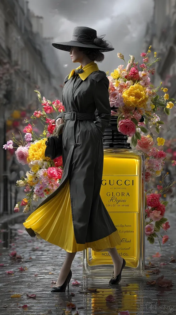 A stylish woman in a black coat and yellow skirt walks down a Parisian street.  She wears a wide-brimmed hat and carries a handbag.  A large bottle of Gucci Gloria perfume sits beside her, surrounded by a vibrant bouquet of flowers. The scene is evocative of classic elegance and French charm, with the wet cobblestones reflecting the city's ambiance.  Petals fall around her feet, adding to the romantic atmosphere.