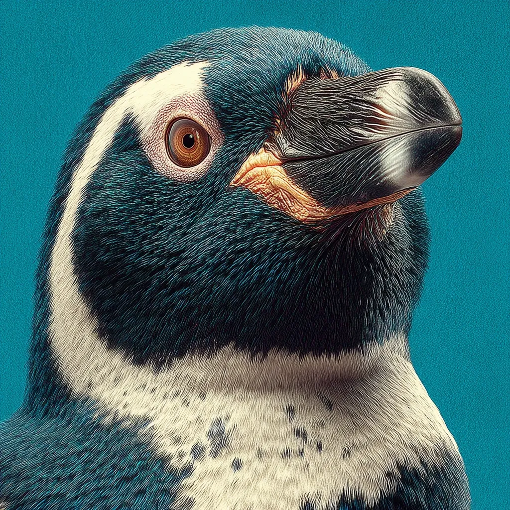 Close-up view of a penguin's head and upper chest against a teal background.  The penguin's dark blue-black feathers are detailed, showing individual strands. Its white chest feathers are also visible, contrasting with the dark plumage. The penguin's eye is sharp and focused, and its beak is slightly open. The image is highly detailed and has a slightly textured, painterly quality.