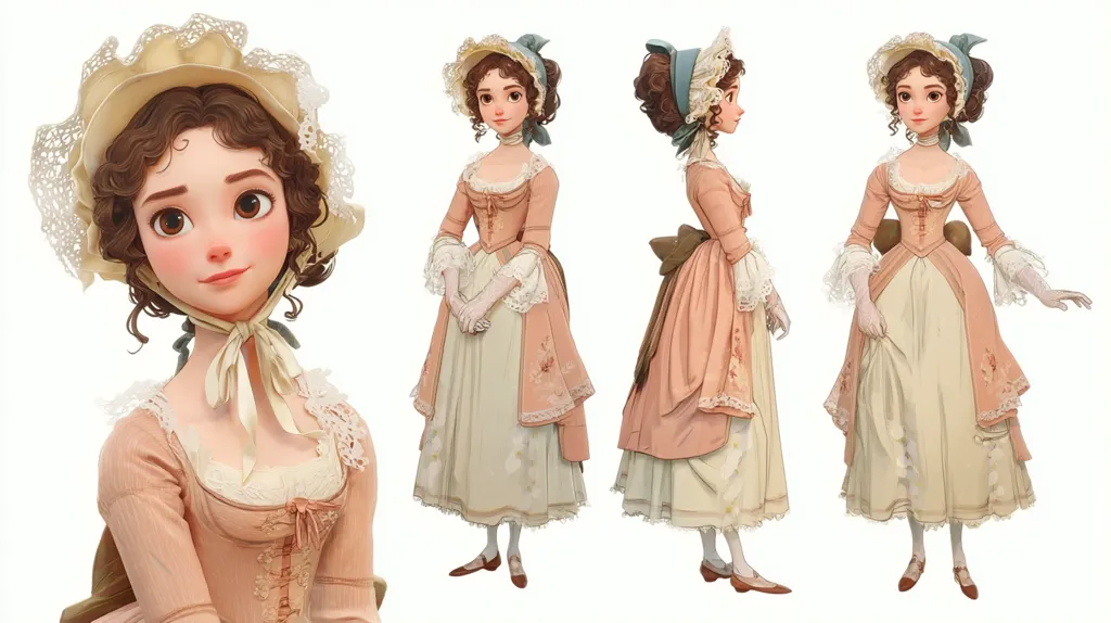 A charming digital illustration showcases a young woman in three-quarter views, each displaying a different pose. She's adorned in an elegant, light peach Rococo-style dress with delicate lace detailing and a matching bonnet. Her large, expressive eyes and soft features enhance her youthful appearance. The artist skillfully captures the fabric's texture and the overall grace of the attire, creating a visually appealing and historically evocative image.