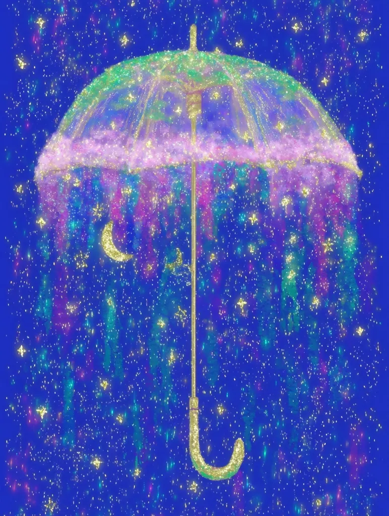 A whimsical illustration depicts a translucent umbrella adorned with glitter and pastel hues, suspended against a vibrant blue backdrop speckled with stars and shimmering particles.  Crescent moons seemingly fall from the umbrella, adding to the magical, dreamy atmosphere. The overall effect is enchanting and fantastical.