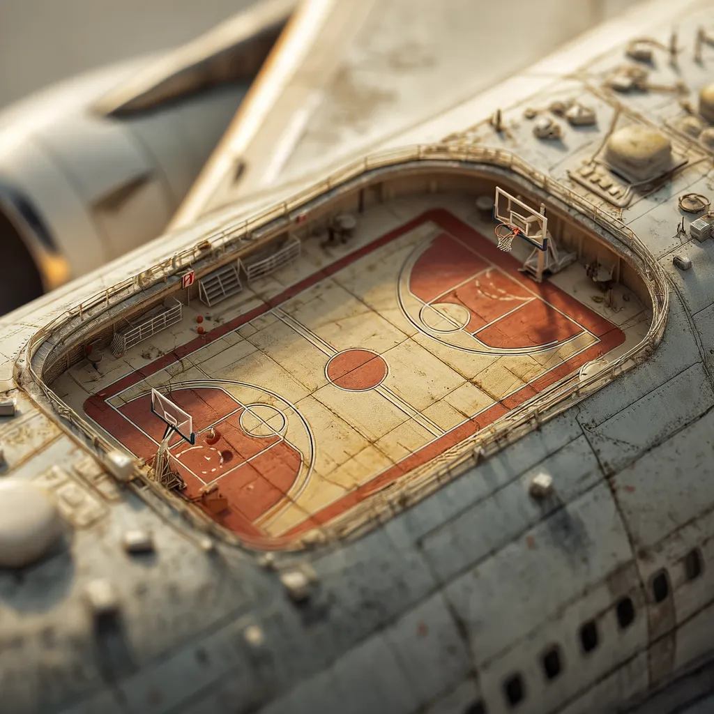 A weathered, abandoned airplane fuselage has been repurposed into an unlikely basketball court.  The court, painted in faded red and tan, sits within the plane's hollowed-out interior.  A basketball hoop stands at one end, and the overall scene evokes a sense of desolation and unexpected adaptation, suggesting a post-apocalyptic or surreal setting.  The image is detailed, capturing the texture of the decaying aircraft and the worn paint of the court.