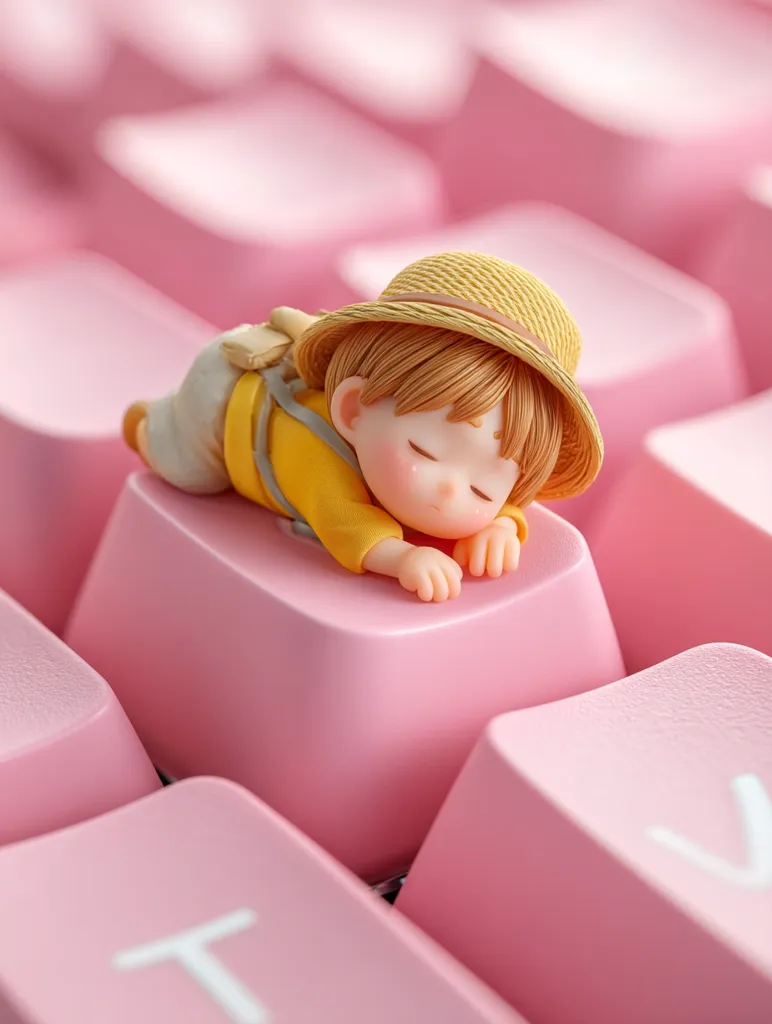 A charming clay figurine of a child, wearing a straw hat and yellow shirt, rests peacefully atop a pink keyboard key.  The miniature figure's sweet expression and relaxed pose create a whimsical scene.  The soft pink keyboard provides a calming backdrop, enhancing the overall adorable aesthetic. The image suggests a peaceful, playful moment.