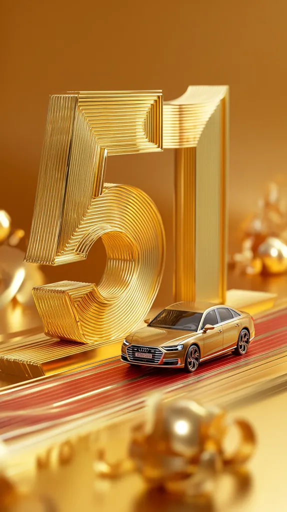 A gold Audi A8L model car drives on a gold track, set against a backdrop of a large, three-dimensional gold number "51". The scene is opulent, with the gold tones creating a luxurious and celebratory feel.  The image suggests a commemorative event or anniversary, possibly related to the car manufacturer or a significant milestone.