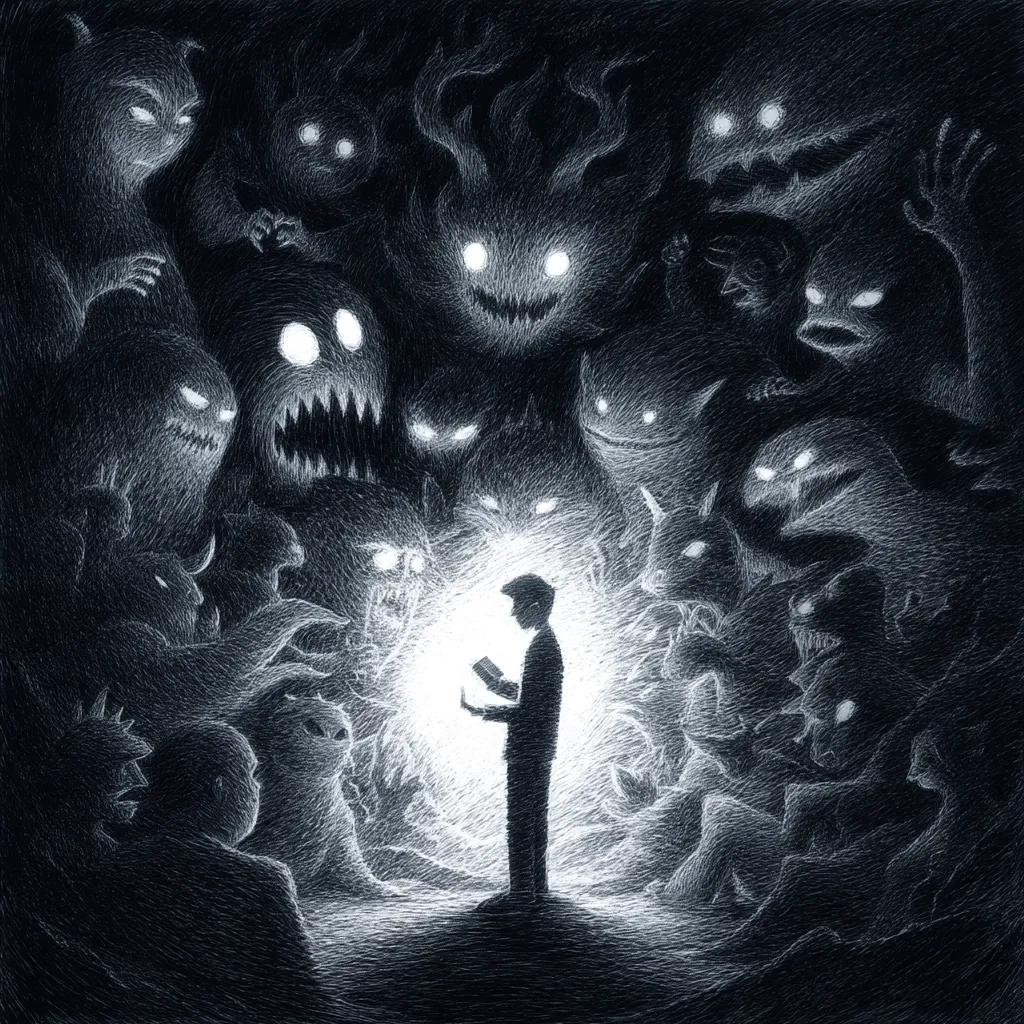 A lone figure stands silhouetted against a bright light, holding a book. They are surrounded by a multitude of shadowy, menacing creatures with glowing eyes, suggesting inner demons or anxieties. The contrast between the light of the book and the darkness of the surrounding monsters symbolizes the power of knowledge or refuge against fear and inner turmoil.  The style is dark, evocative, and slightly unsettling.