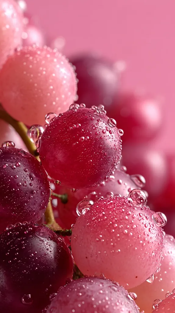 Close-up view of a bunch of red and pink grapes, glistening with water droplets.  The grapes are vibrant and plump, showcasing a range of colors from deep red to light pink.  The shallow depth of field emphasizes the texture and juiciness of the fruit, creating a visually appealing image.  The background is a soft, blurred pink.