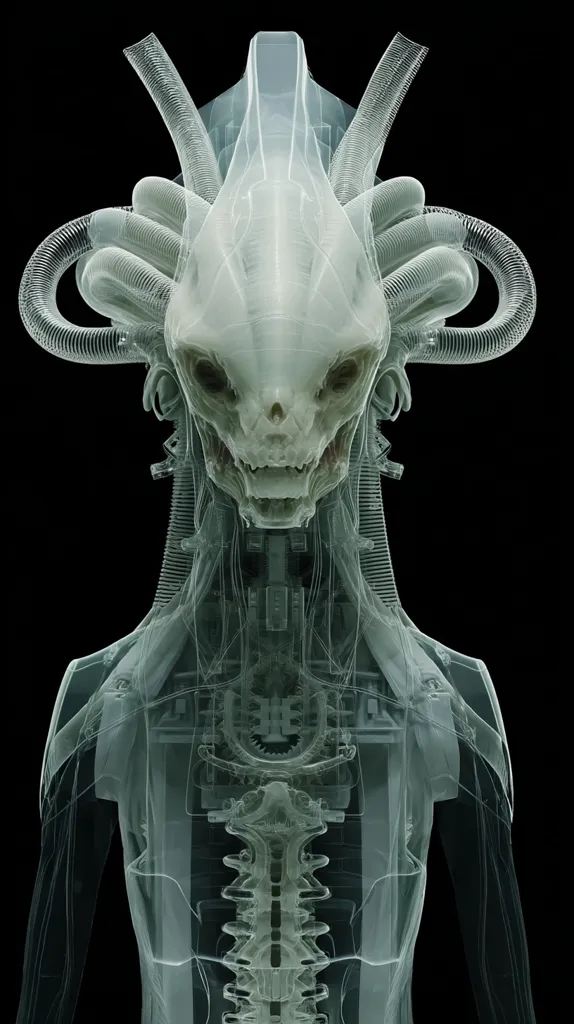 A translucent, biomechanical creature is depicted, its skeletal structure and internal mechanisms visible.  The head features a skull-like face with glowing eyes, topped by intricate, curved tubes resembling antennae.  The body's transparency reveals a complex network of internal workings, suggesting a fusion of organic and artificial elements. The overall aesthetic is otherworldly and somewhat menacing.