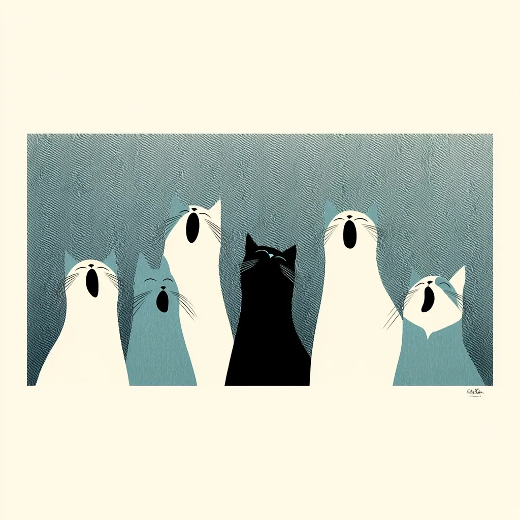 Five stylized cats are depicted singing against a textured blue-grey background.  Two are white, two are blue-grey, and one is black. Their simplified forms and open mouths create a whimsical, almost musical, scene. The artwork uses a limited color palette and flat shading, resulting in a clean, modern aesthetic.