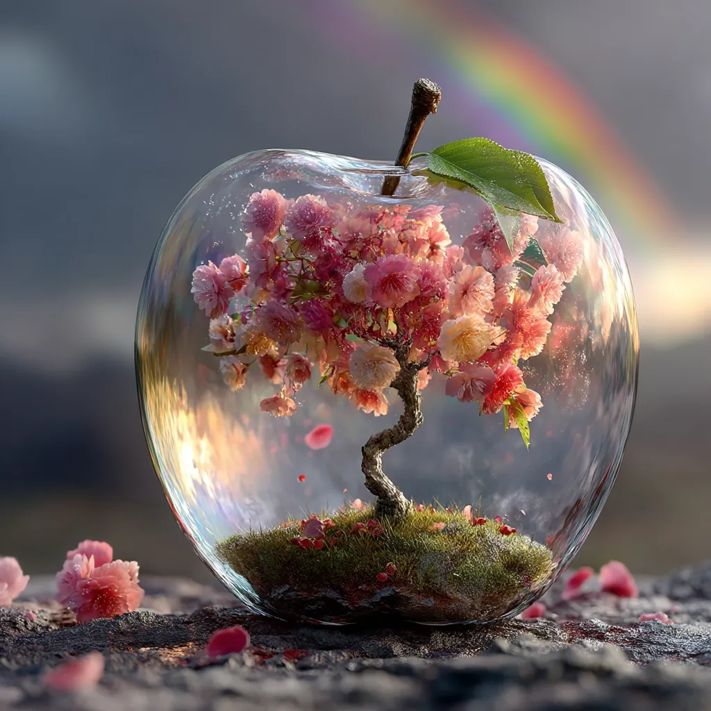 A miniature blossoming tree, encased within a transparent apple-shaped orb, sits on a dark surface.  Pink petals fall around the base.  A vibrant rainbow arcs in the blurred background, creating a whimsical, ethereal scene.  The image evokes a feeling of delicate beauty and magical realism.