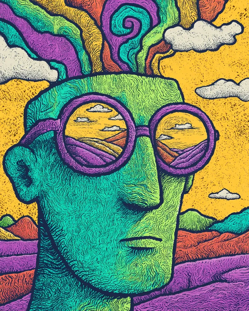 A vibrant, stylized illustration depicts a head with swirling, multicolored hair resembling smoke or energy.  Large, round glasses reflect a landscape of hills and a sunset. The head's texture is meticulously detailed, resembling a textured surface. The overall style is psychedelic and reminiscent of 1960s counter-culture art.  The background features a similar textured landscape in complementary colors.