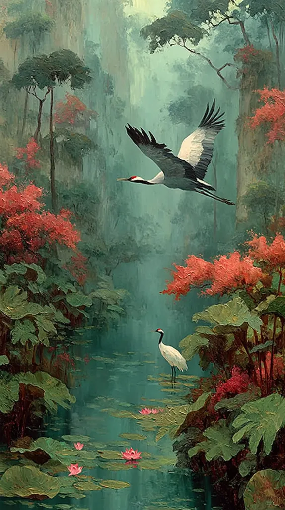 A serene landscape painting depicts a majestic crane in flight over a tranquil pond nestled within a lush, verdant valley.  The water reflects the surrounding foliage, including vibrant red flowers and large, green leaves.  A solitary crane stands elegantly by the water's edge, adding to the peaceful atmosphere. The misty background suggests a secluded, mystical setting.  The overall style evokes a sense of calm and natural beauty.
