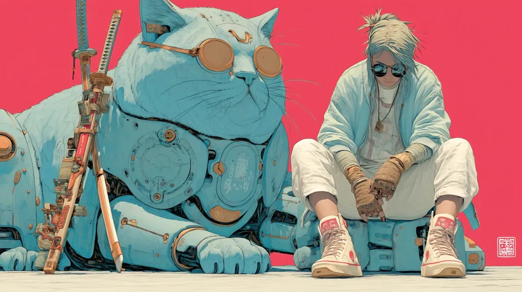 A stylized illustration depicts a large, robotic cat in teal, wearing goggles, resting beside a young person in light clothing and high-top sneakers.  The cat is intricately detailed, appearing mechanical yet organic.  Two swords lean against the cat's side.  The scene is set against a vibrant pink background, creating a striking contrast. The overall style is reminiscent of cyberpunk art.