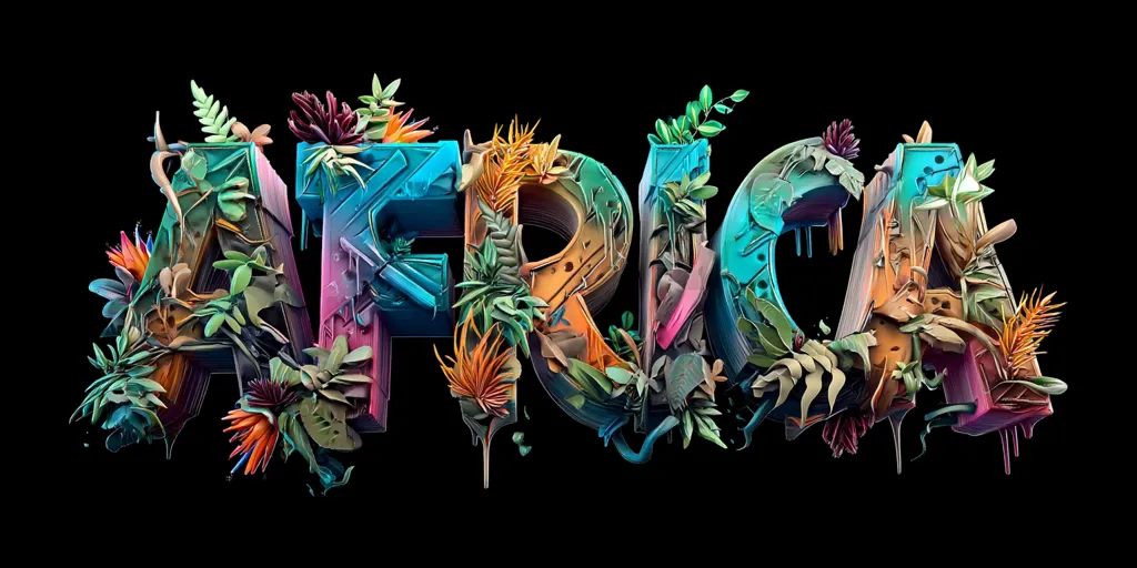 The word "AFRICA" is rendered in vibrant, three-dimensional letters.  Each letter is intricately detailed, incorporating diverse textures and a profusion of lush tropical plants and flowers.  The design blends organic and geometric elements, creating a striking visual representation of the continent's rich biodiversity and cultural complexity against a stark black background.  A drip effect adds to the dynamic, almost graffiti-like aesthetic.