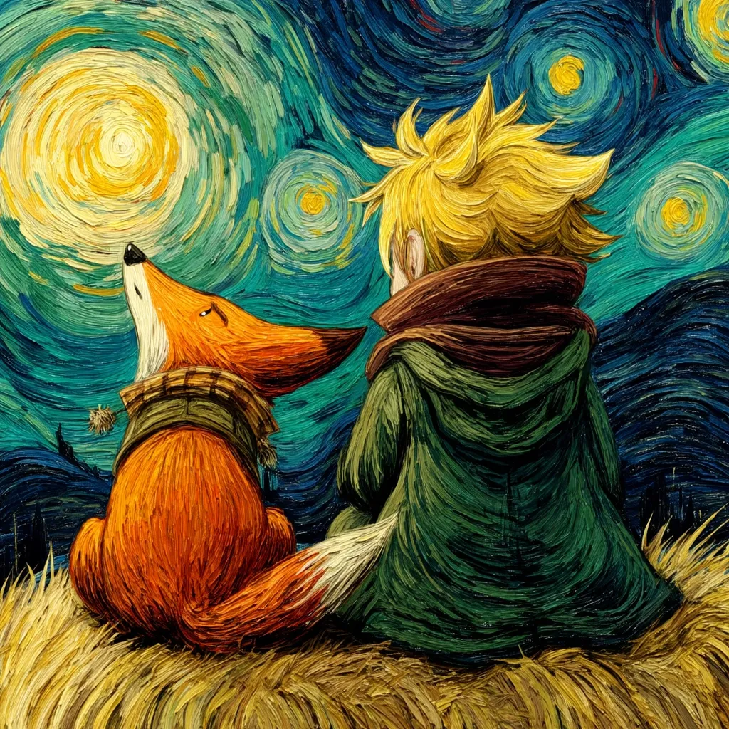 A painting in the style of Van Gogh depicts the Little Prince and the fox sitting side-by-side, gazing at a starry night sky.  The swirling brushstrokes characteristic of Van Gogh are evident in the depiction of the night sky and the characters' clothing. The fox is orange, wearing a scarf, while the Little Prince is in a green coat.  The scene is peaceful and evokes a sense of wonder.