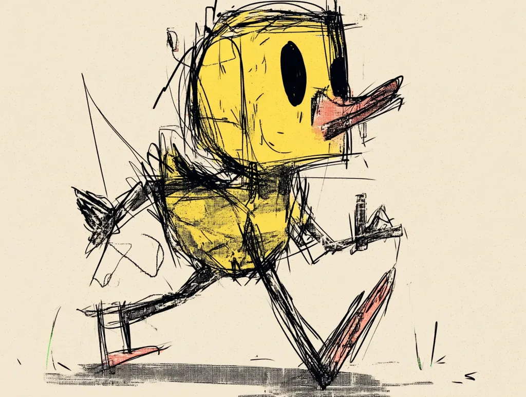 A stylized sketch of a yellow duck walking.  The duck is depicted with bold, black lines creating a blocky, almost cubist form.  Its body is predominantly yellow with hatched shading, while its legs and beak are rendered in a looser, more expressive style. The background is a muted beige, providing contrast to the vibrant duck. The overall style is playful and slightly abstract.