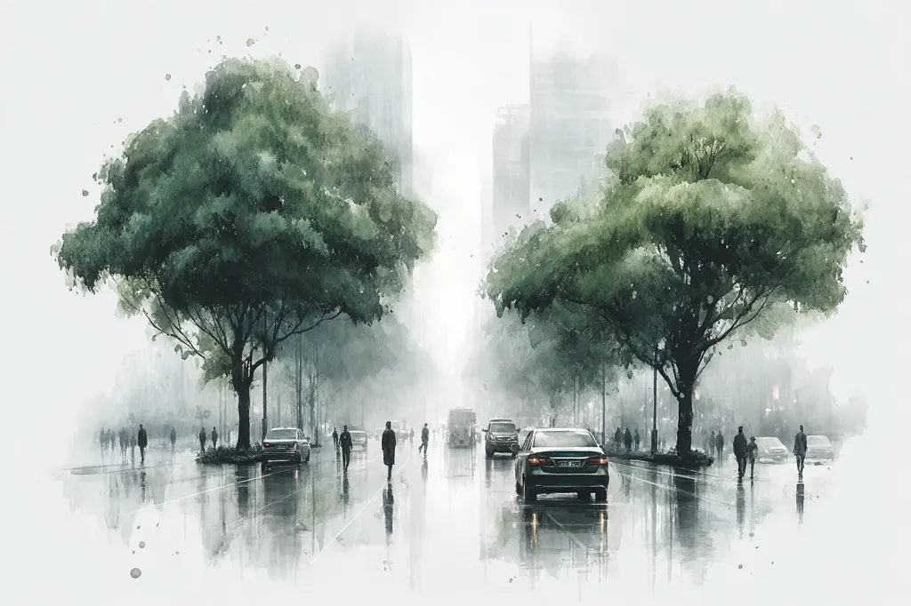 A watercolor painting depicts a misty city street scene.  Two large, lush green trees flank a wet road where cars and pedestrians are subtly rendered.  The background suggests tall buildings shrouded in fog, creating a serene yet slightly melancholic atmosphere.  The overall effect is peaceful and atmospheric.